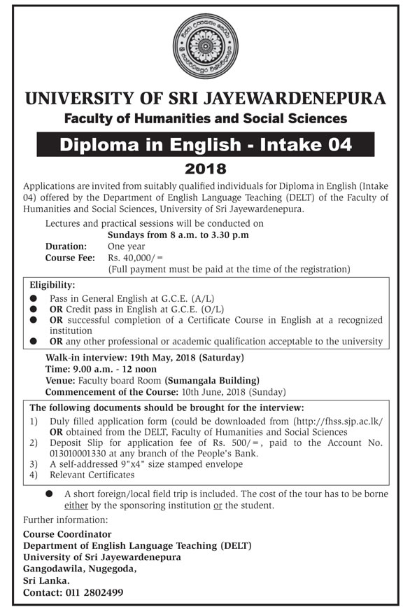 Diploma in English - Faculty of Humanities & Social Sciences - University of Sri Jayewardenepura